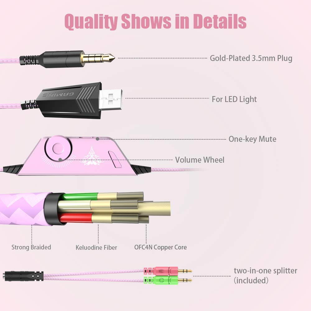 BENGOO Stereo Gaming Headset for PS4, PC, Xbox One Controller, Noise Cancelling Over Ear Headphones Mic, LED Light, Bass Surround, Soft Memory Earmuffs for Laptop Mac Nintendo Switch (Pink)