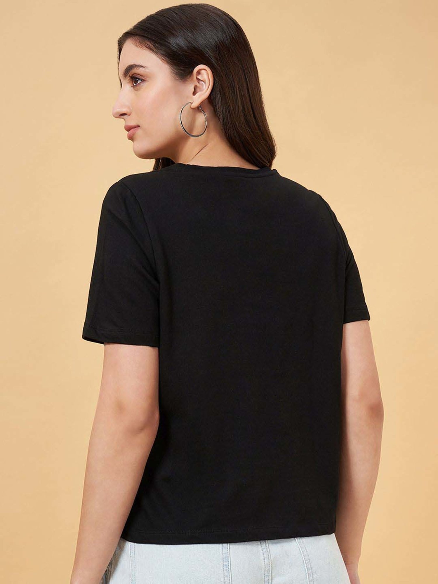 People by Pantaloons Jet Black Cotton Printed T-Shirt