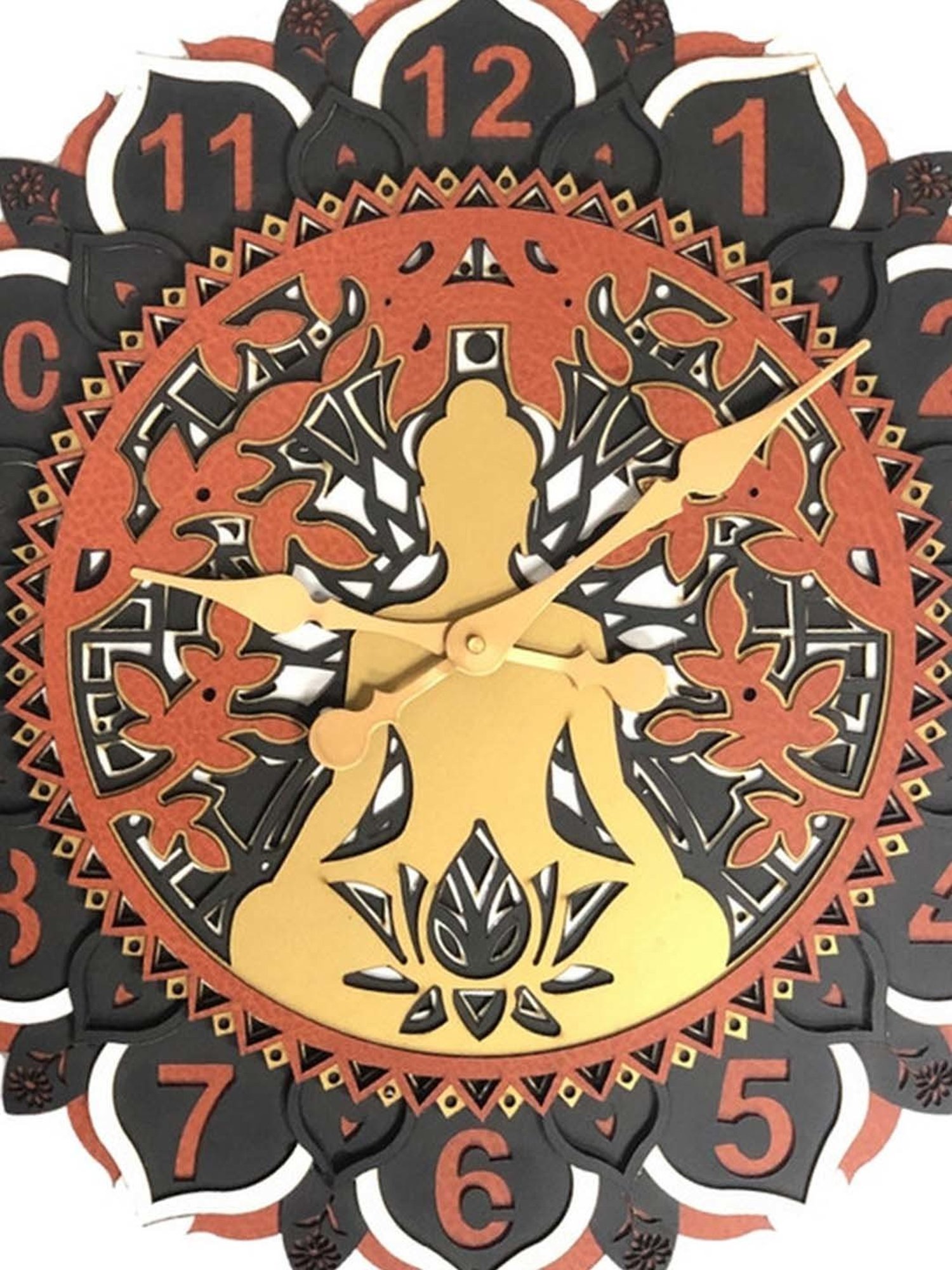 CHRONIKLE Brown Mdf Style Round Buddha Dial Analog English Numbers 3D Wall Clock