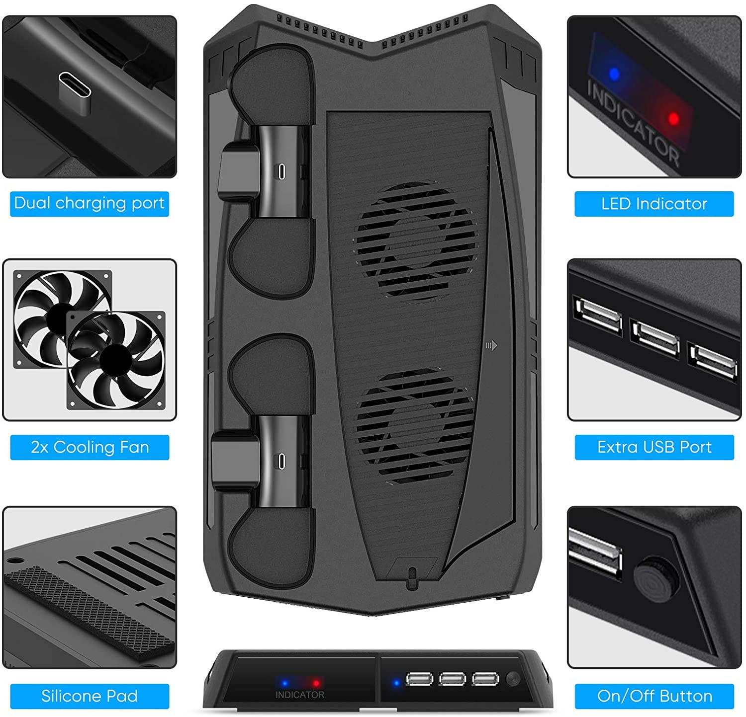 PS5 Vertical Stand Cooling Fan, Playstation 5 Accessories Controller Charge Station with Dual Controllers 3 Ports Charger Dock, Compatible with PS5 UHD and PS5 Digital Edition