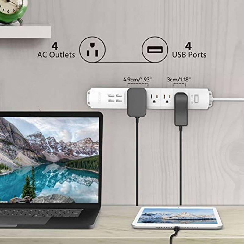 TROND Surge Protector Power Strip with USB, 4 AC Outlets & 4 USB Ports, Right-Angle Flat Plug & 6ft Long Cord, Wall Mount for Workbench, Nightstand, Dresser, Home, Office, Desk, White