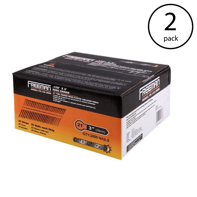 Freeman FR.120-3GRS 21 Degree 0.120 x 3 Inch Plastic Collated Solid Steel Constructed Ring Shank Galvanized Framing Nails, 4000 Nails