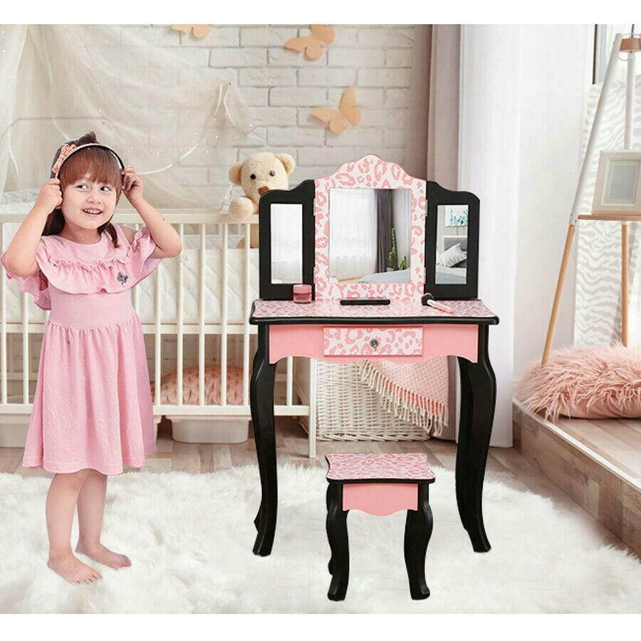 Kids Vanity Wooden Makeup Table Set for Girls Princess Three-Fold Mirror Dresser