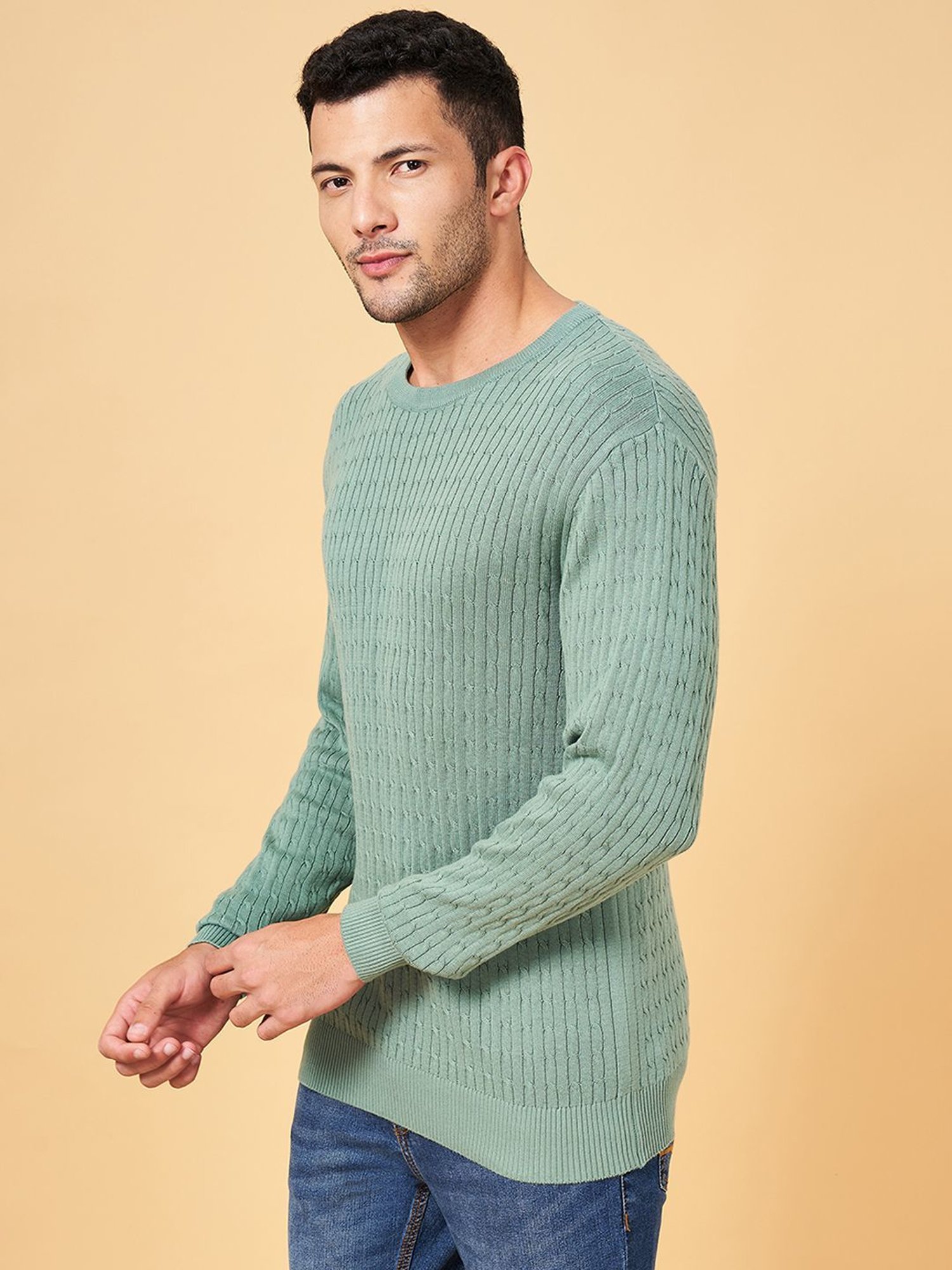 Byford by Pantaloons Green Cotton Slim Fit Self Pattern Sweater