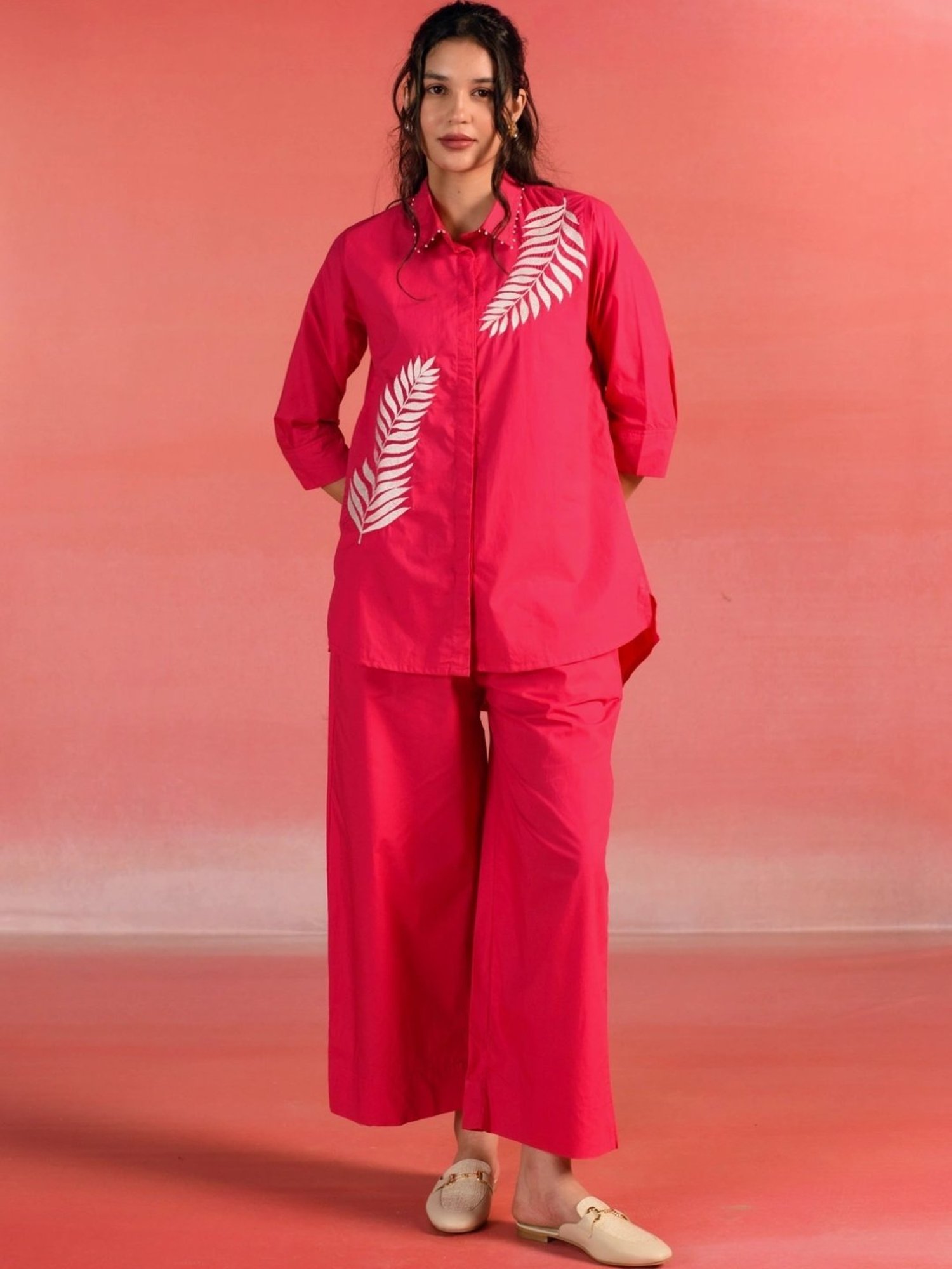 Kameez by Pooja Red Orange Embroidered Poplin Shirt with Pant Co-ord Set
