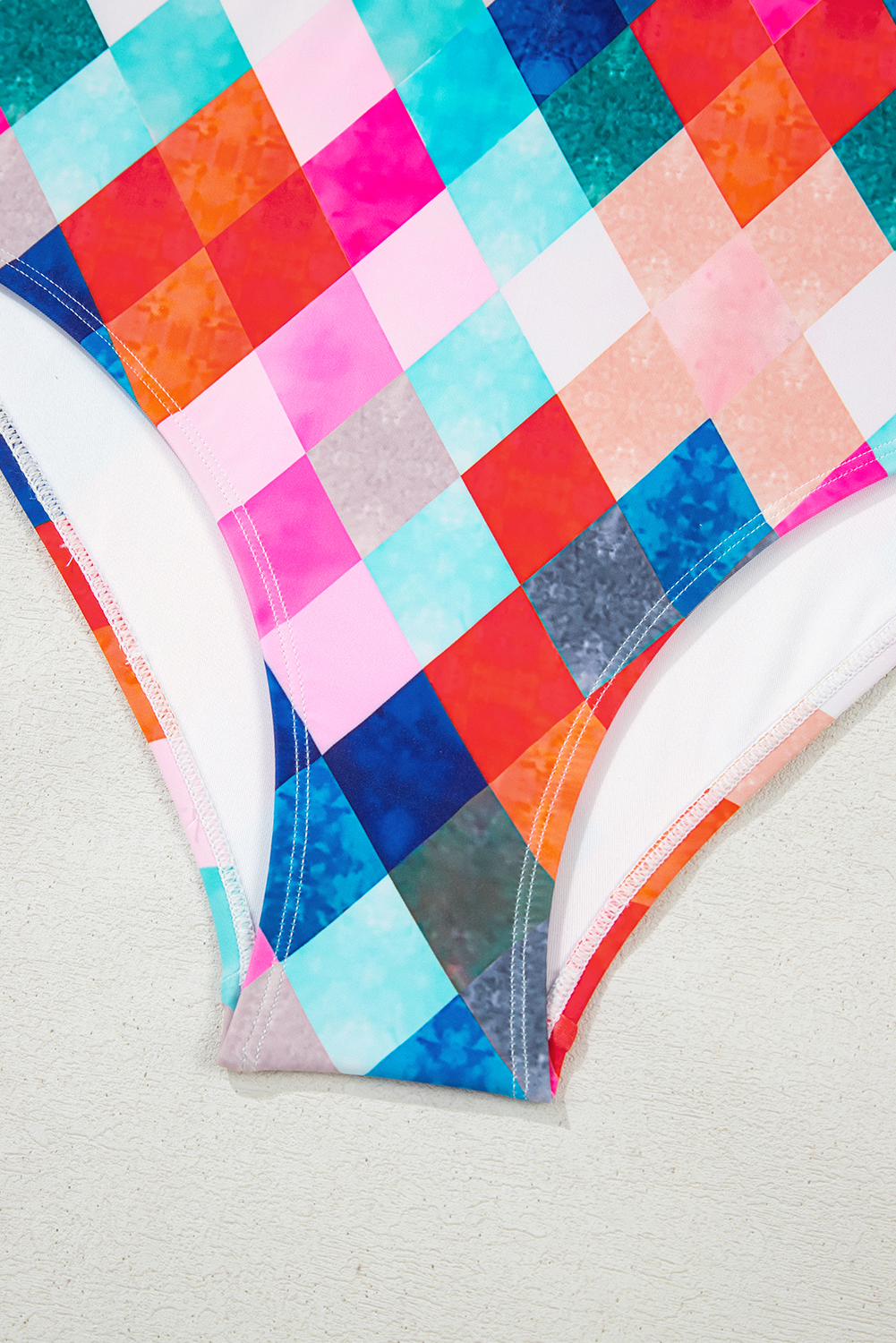 Black Plant Print Zip Front Half Sleeve One Piece Swimsuit