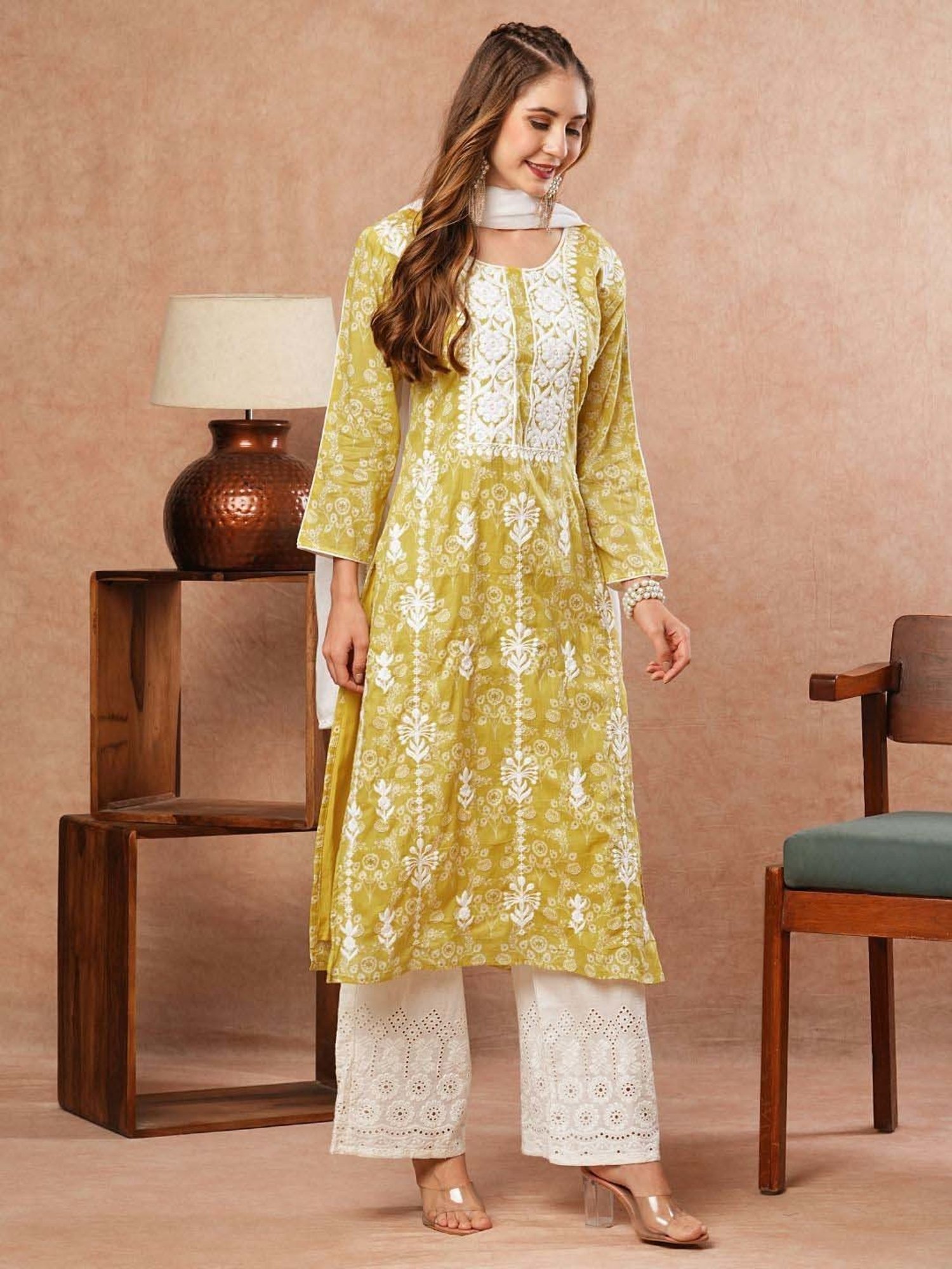 Fashor Yellow Cotton Embroidered Kurta & Palazzo Set With Dupatta
