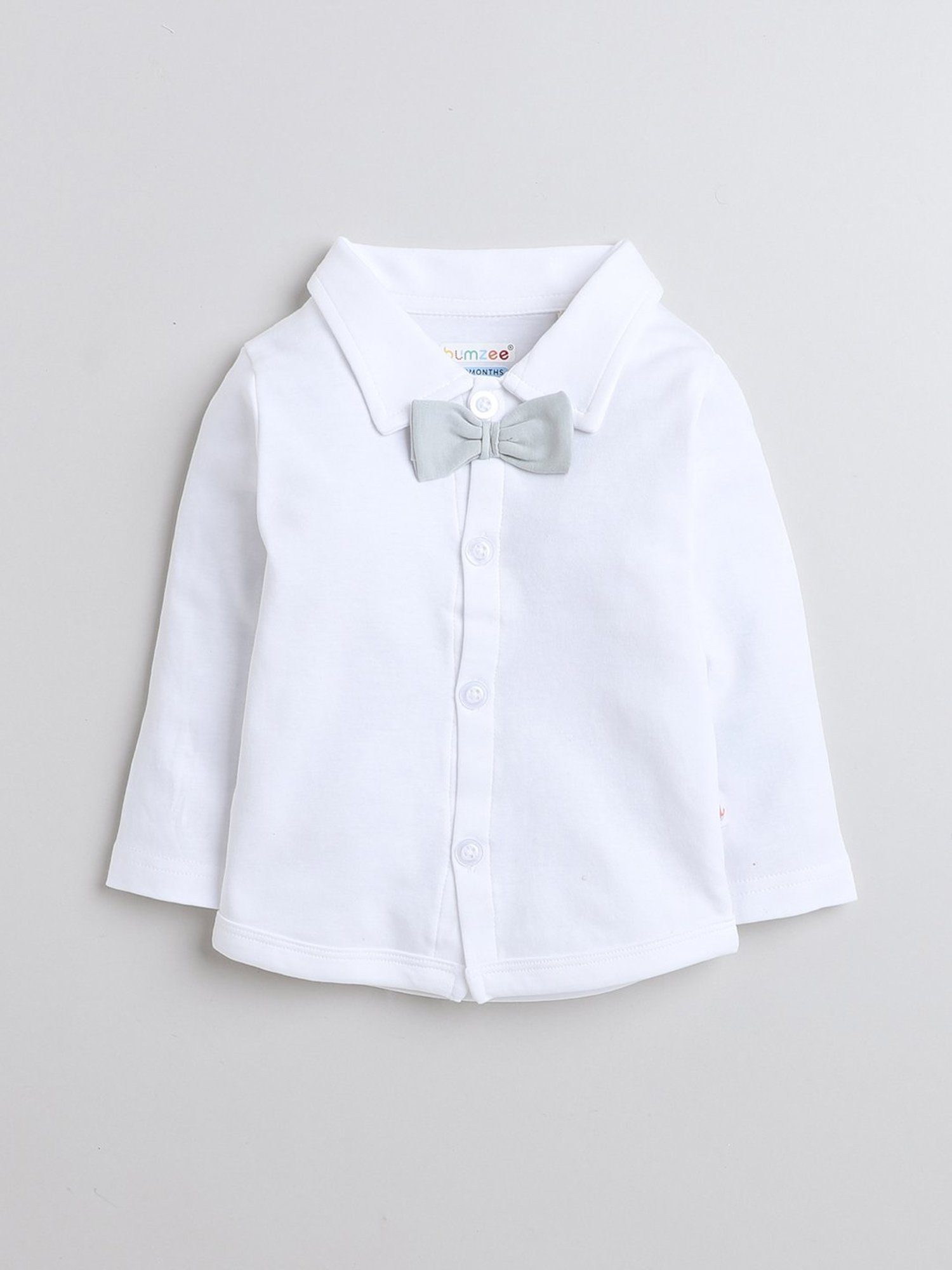 Bumzee Kids Grey & White Solid Full Sleeves Shirt, Waistcoat, Pants with Bow