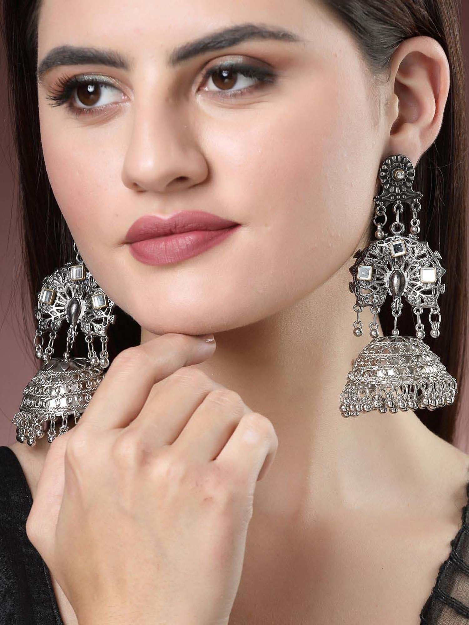 NVR Silver Plated Mirror Work Contemporary Oxidized Jhumki Earrings for Women