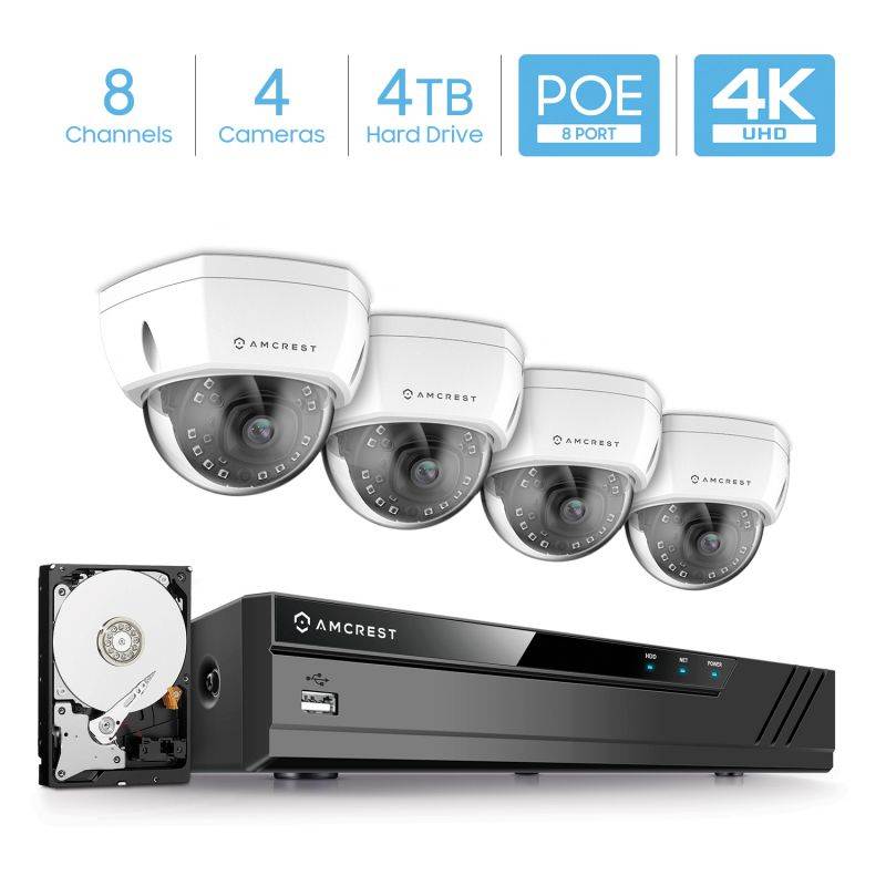 Amcrest 4K 8CH Security Camera System w/ 4K (8MP) NVR, (4) x 4K (8-Megapixel) IP67 Weatherproof Metal Dome POE IP Cameras (3840x2160),Pre-Installed 4TB Hard Drive (White)