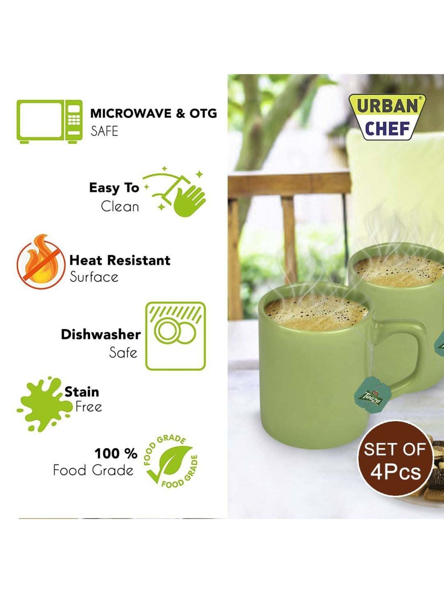 Urban Chef Parrot Green Ceramic Droite Handcrafted Microwave Safe Cup - Set of 4