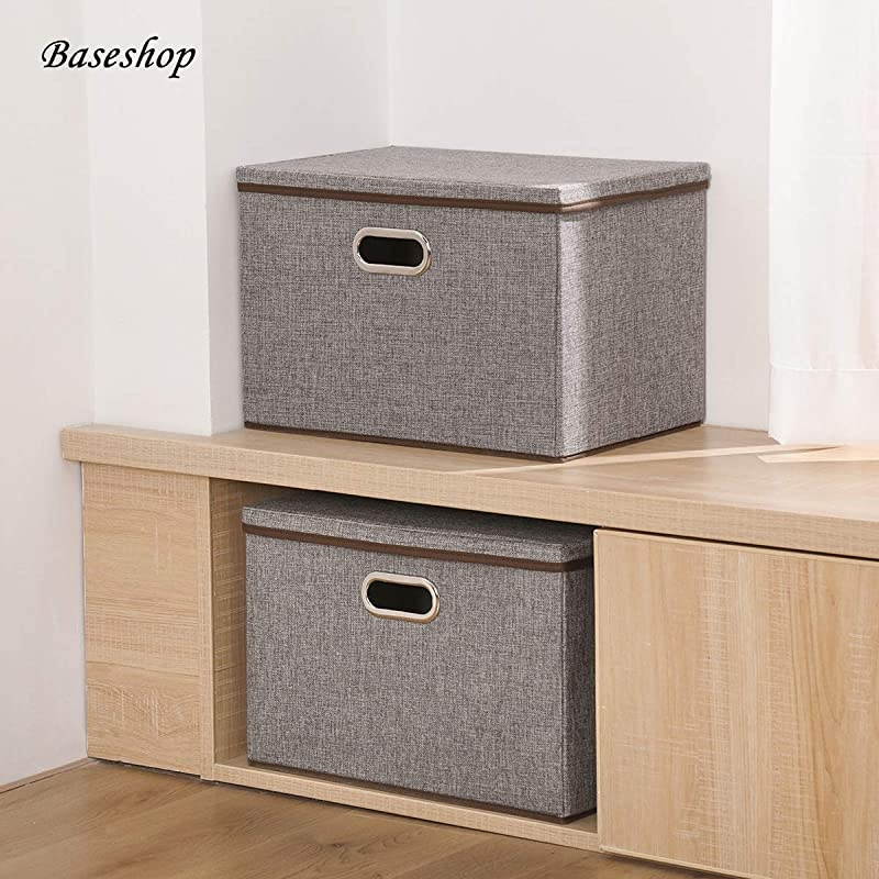 Foldable Storage Bin with Lid 4Pack Linen Fabric Decorative Storage Box Organizer Containers Basket Cube with Handles Divider for Bedroom Closet Office Living Room 177x118x118