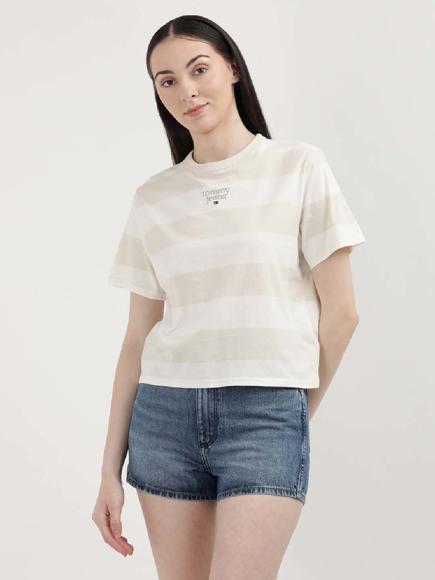 TOMMY HILFIGER Beige & White Cotton Color-Block T-Shirt