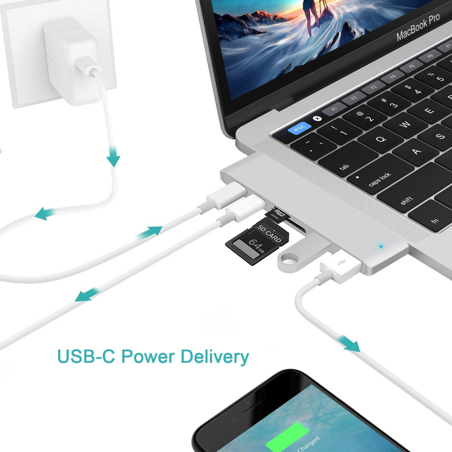 Wanmingtek USB C Hub, 6 in 1 Type C Adapter, Compatible with MacBook air 2016/2017/2018,Apple MacBook Pro 2018, 2017, 2016, 40Gbps, 2 USB 3.0 Ports, 1 USB 3.1 Port, SD/Micro Card Reader - Silver