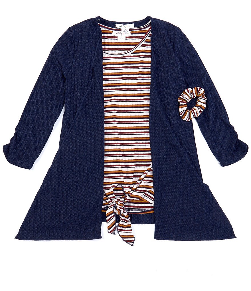 Ally B Big Girls 7-16 Short-Sleeve Stripe Tie-Front Top, Cardigan & Scrunchie Set