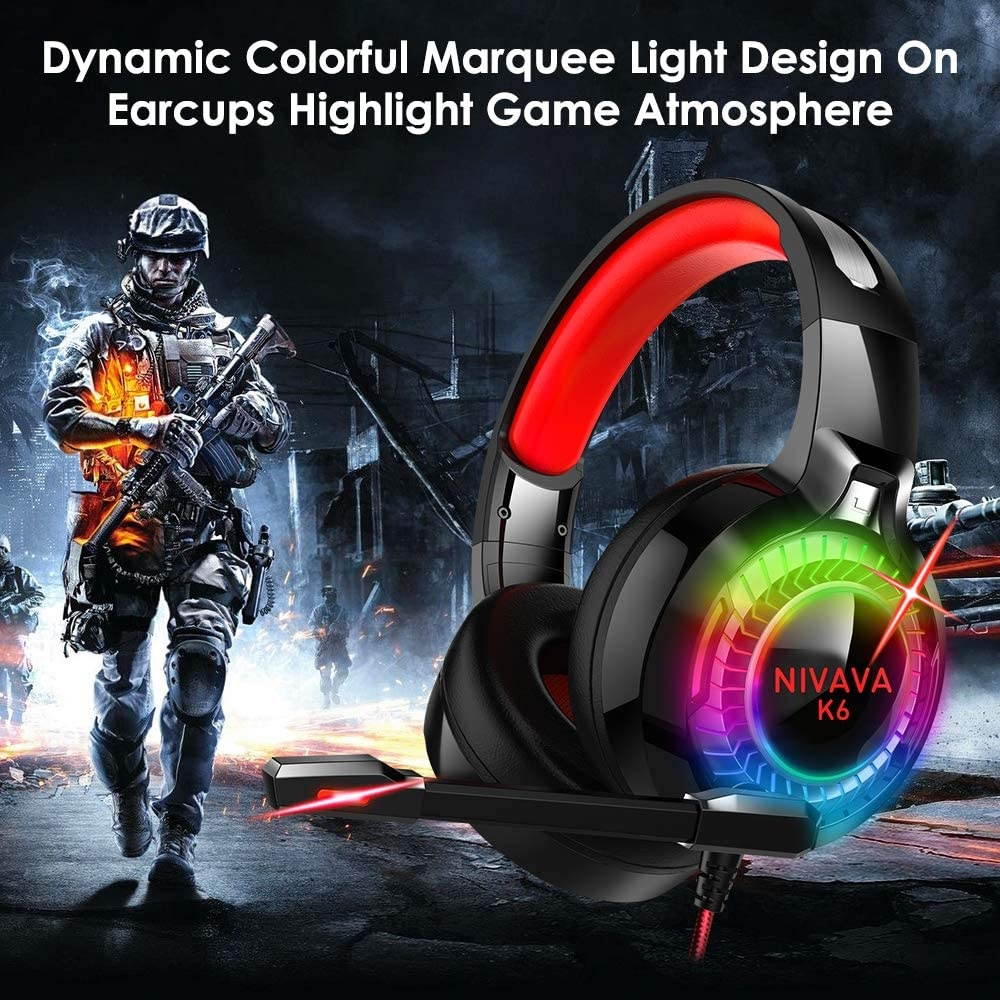 Nivava Gaming Headset for PS4, Xbox One, PC Headphones with Microphone LED Light Mic for Nintendo Switch PS5 Playstation Computer, K6