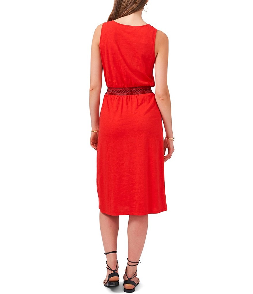 Vince Camuto Petite Size Embroidered Smocked Waist Scoop Neck Sleeveless Knit Dress