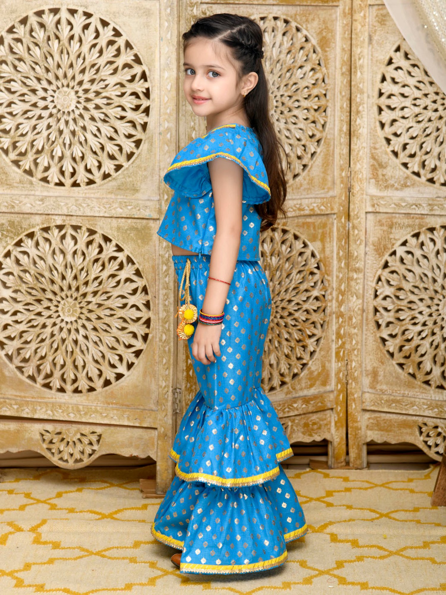 Saka Designs Kids Blue & Gold Printed Top with Sharara