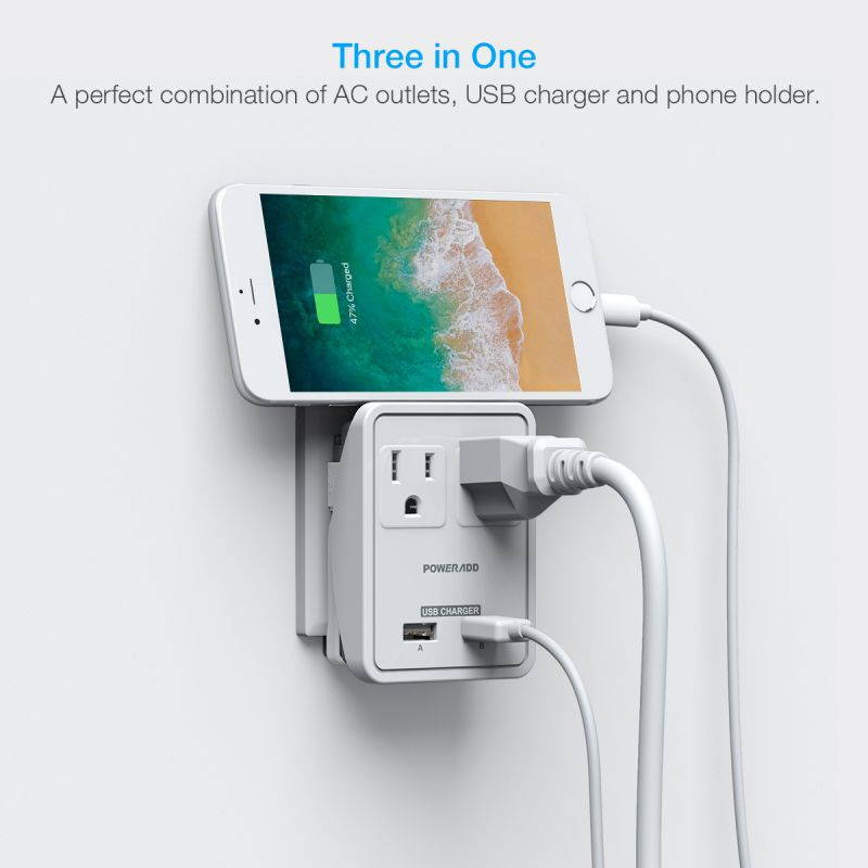 Poweradd Travel Adapter Kit Phone Holder - Dual USB Ports + 2 Outlets, Universal Power Strip for UK, US, Japan,China, Europe, Asia, Cruise Ship Travel, Perfect for Cellphone Laptop Camera and More