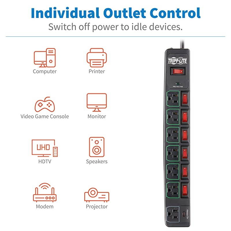 Lite 7 Outlet 6 Individually Controlled Surge Protector Power Strip 6ft Cord Black Lifetime Limited Warranty amp $25K INSURANCE TLP76MSGB