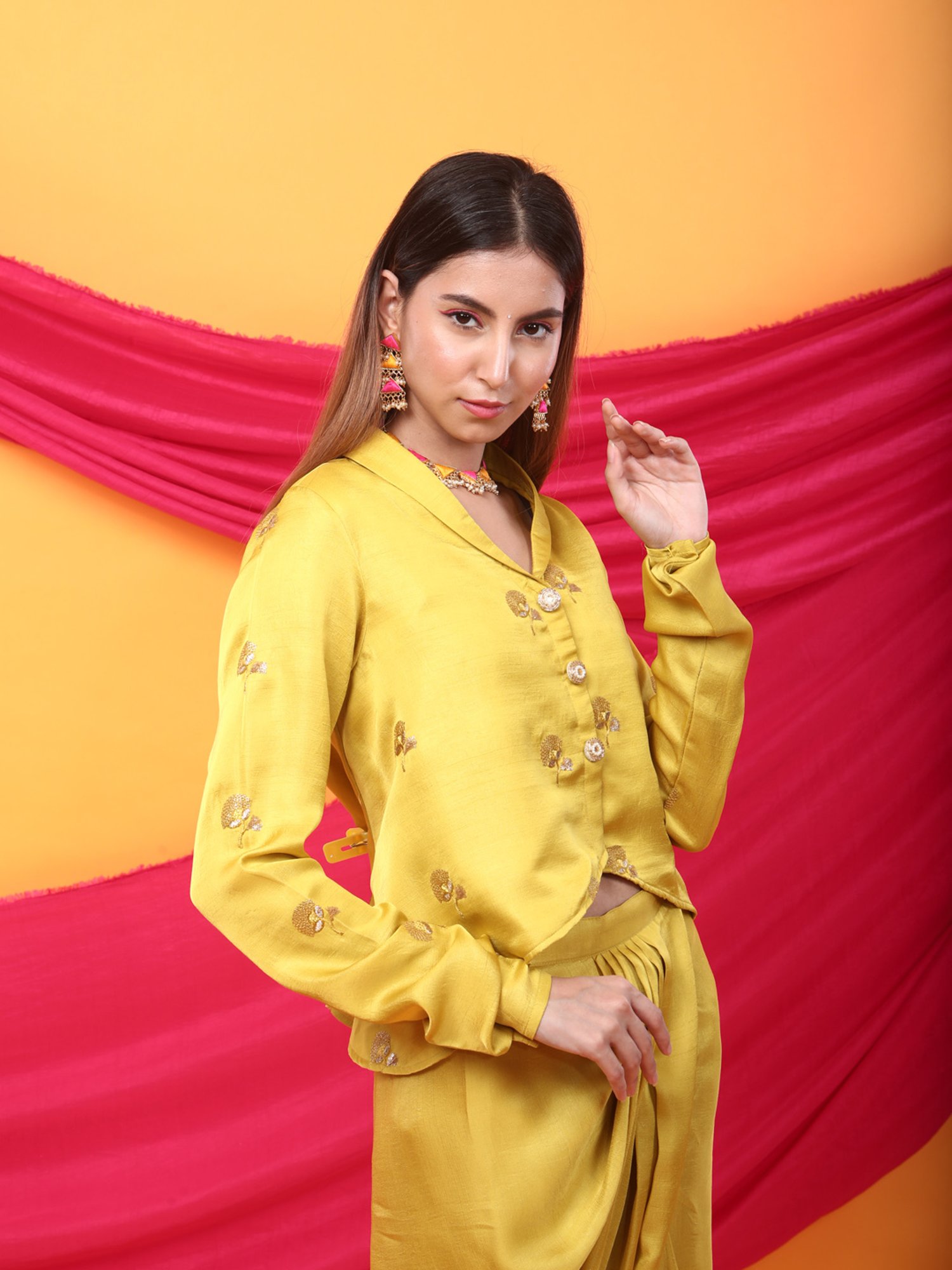 Monk & Mei Gulabo Dhoti and Jacket Co-ordSet-Canary Yellow