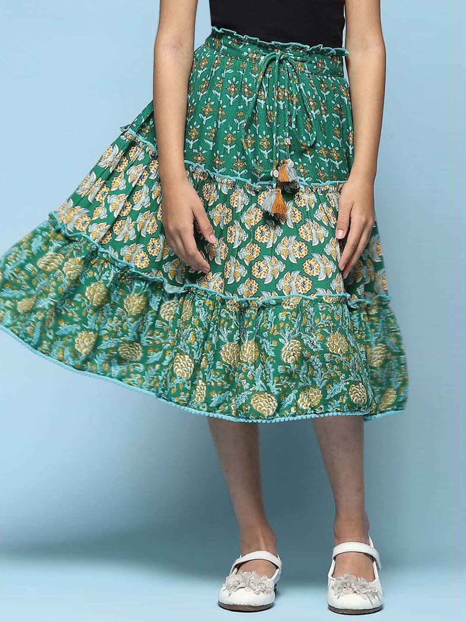 BIBA Girls Kids Green Cotton Printed Skirt