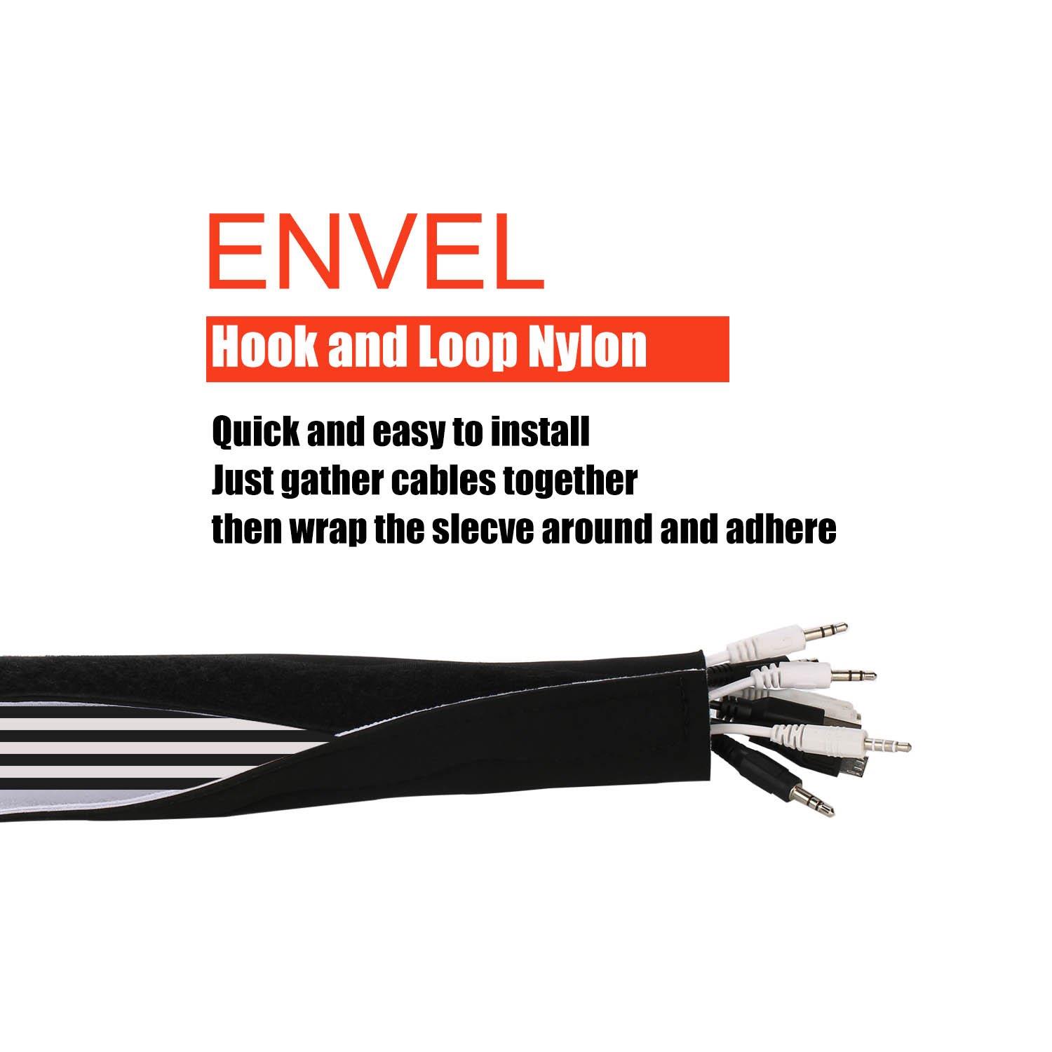 Cable Management Sleeves, ENVEL Neoprene Cord Organizer with Free Nylon for TV USB PC Computer Network Wires (118 inches) DIY by Yourself, Adjustable Black and White Reversible Wire Hider