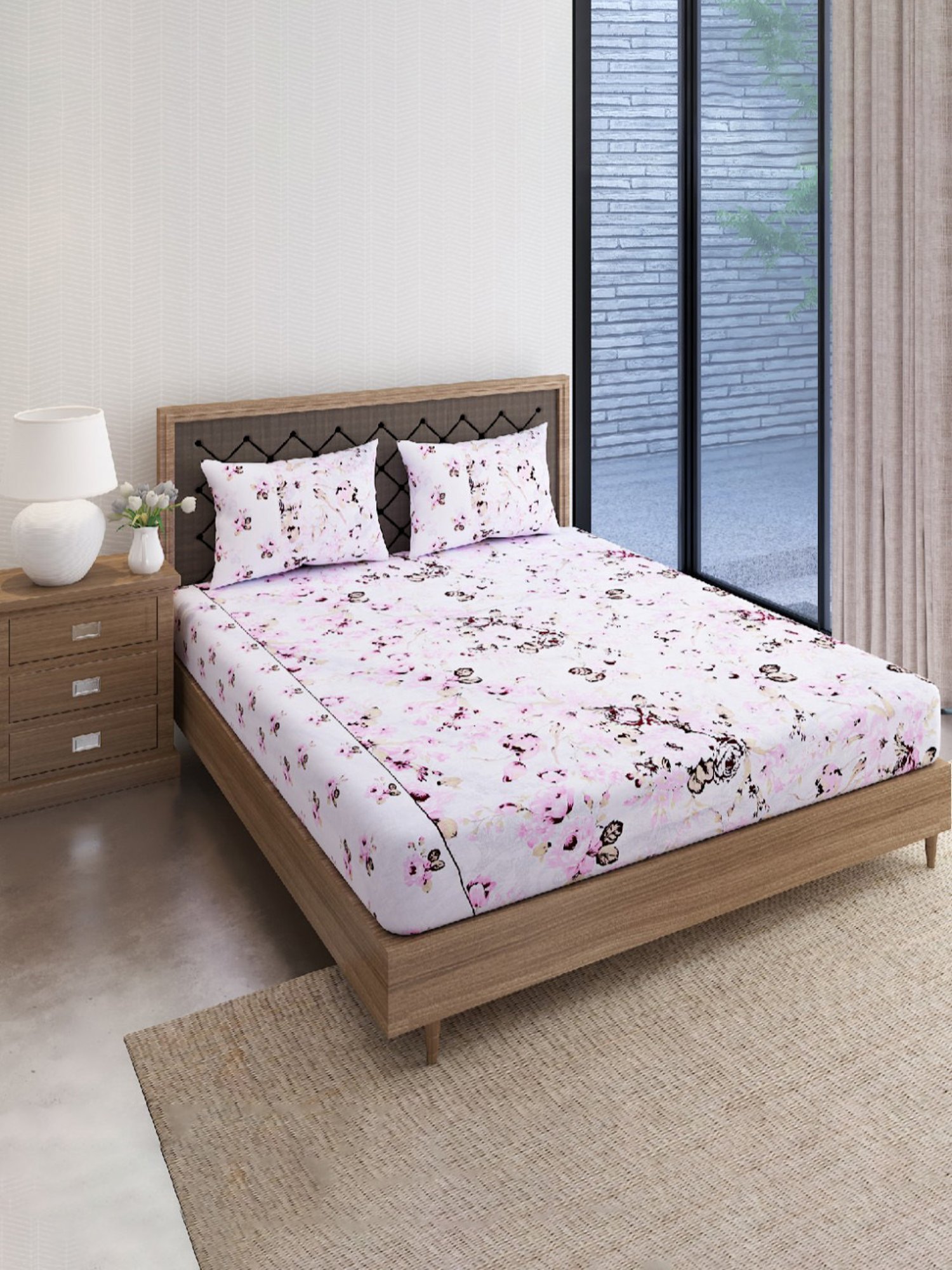 Swayam Vedic Floral White & Pink Cotton Double Bedsheet with 2 Pillow Covers