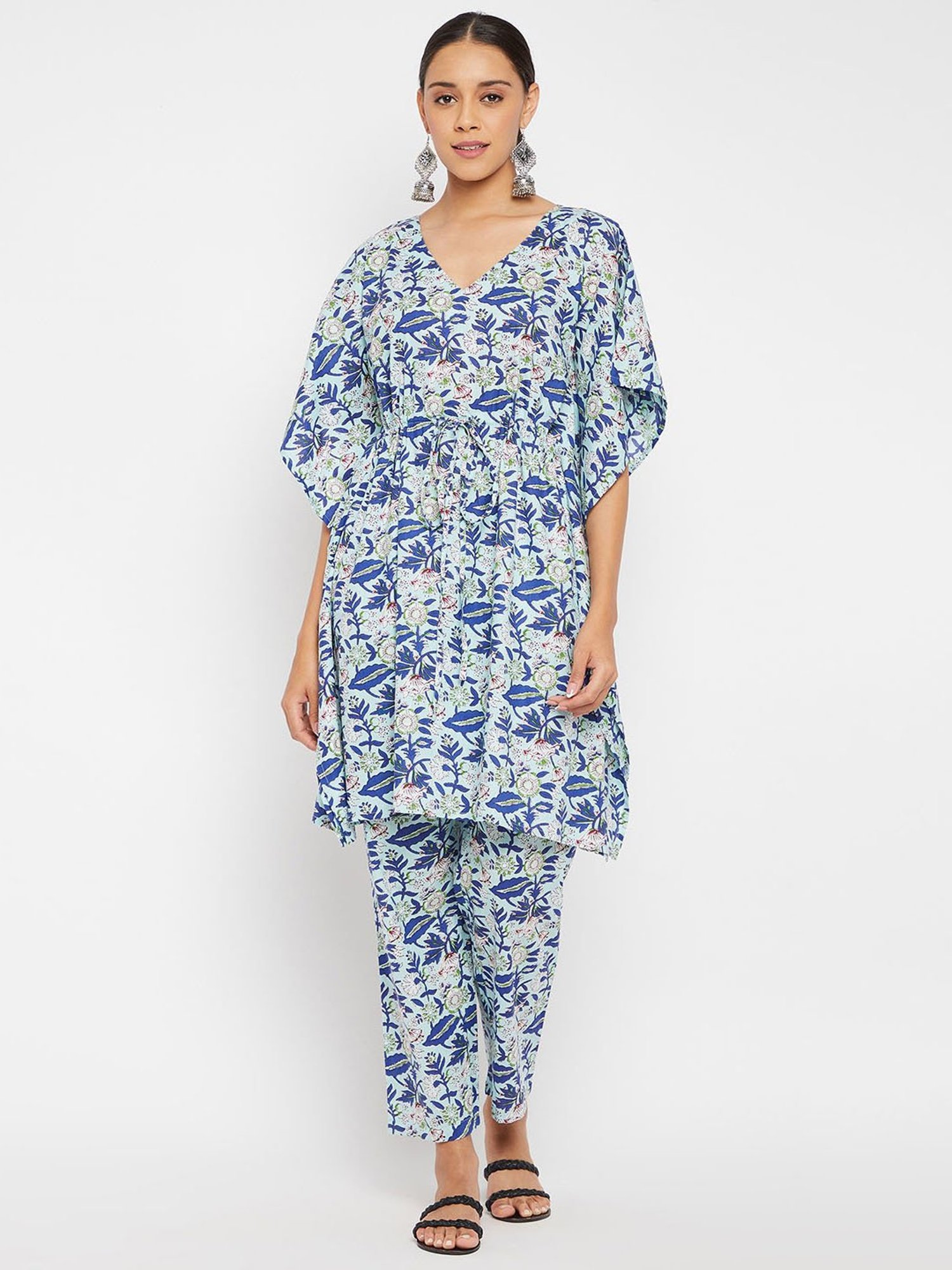 PANIT Blue Printed Cotton Kaftan Kurta Pant Set
