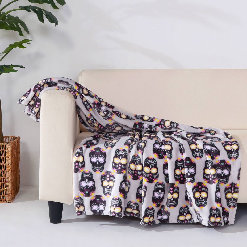 50"x60" Tulum Sugar Skulls Printed Halloween Throw Blanket Gray - Better Living