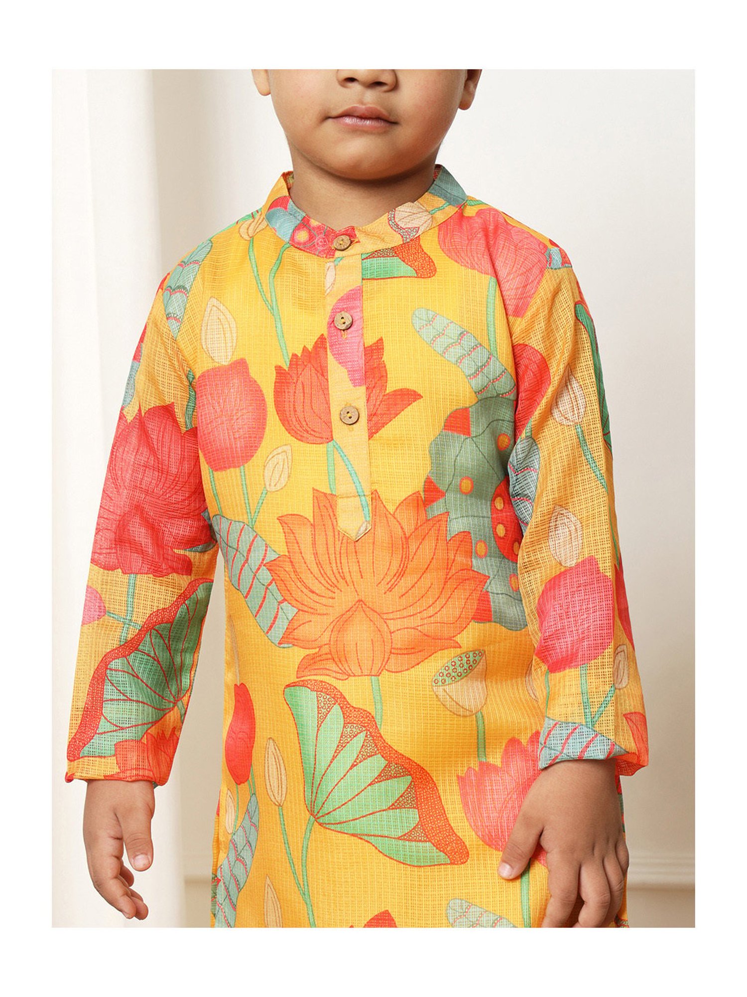 READIPRINT FASHIONS Kids Yellow & Coral Printed Full Sleeves Kurta with Pyjamas