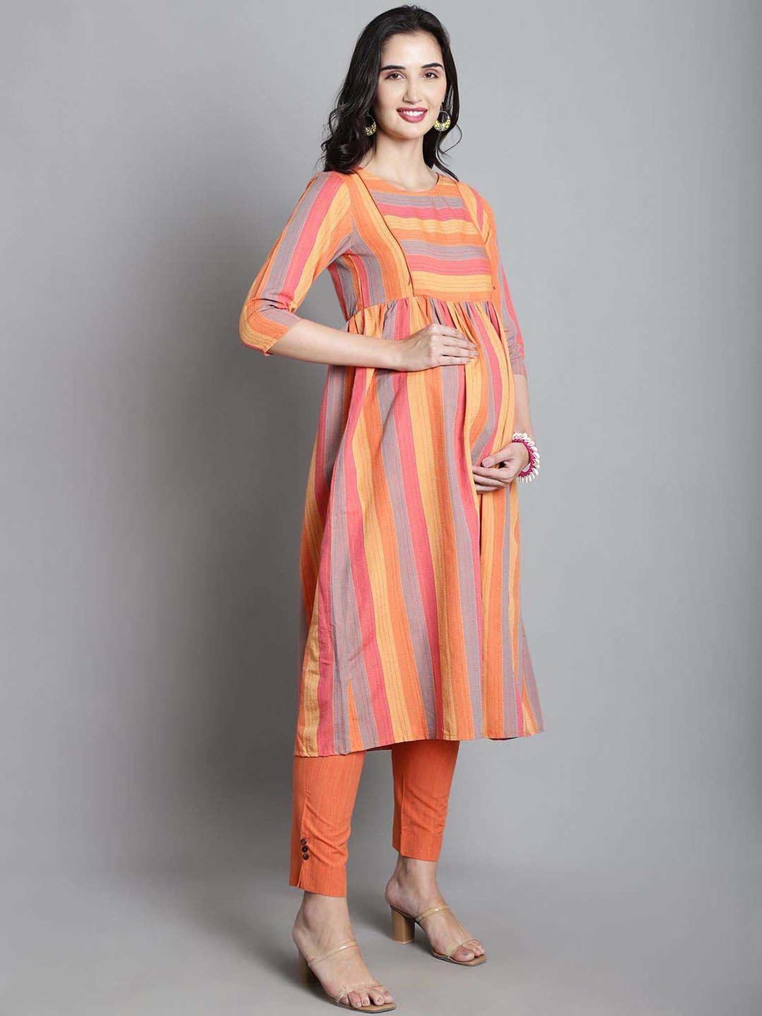 Moms Maternity Orange Cotton Striped Maternity Kurta Pants Set