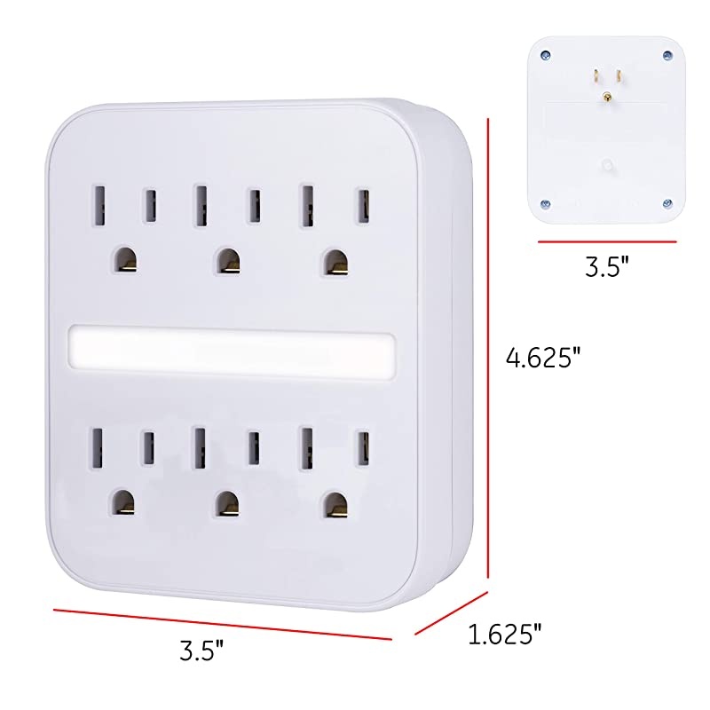 Pro 6 Outlet Sur Protector Wall Adapter with Light Sensing Night Light 3Prong Charging Station 440 Joules Protection Rating Automatic Shutdown White 41626