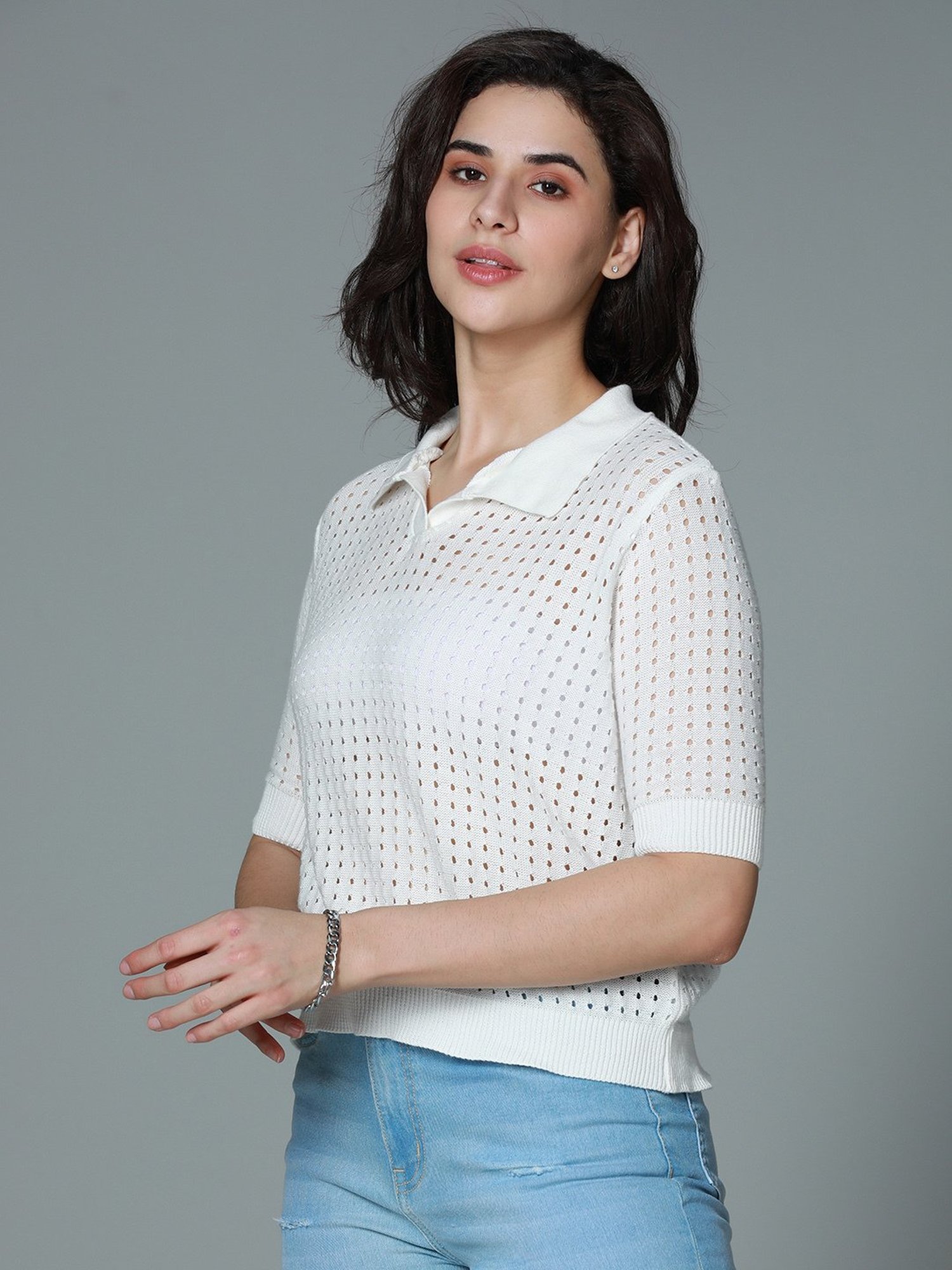 High Star White Cotton Self Design Top