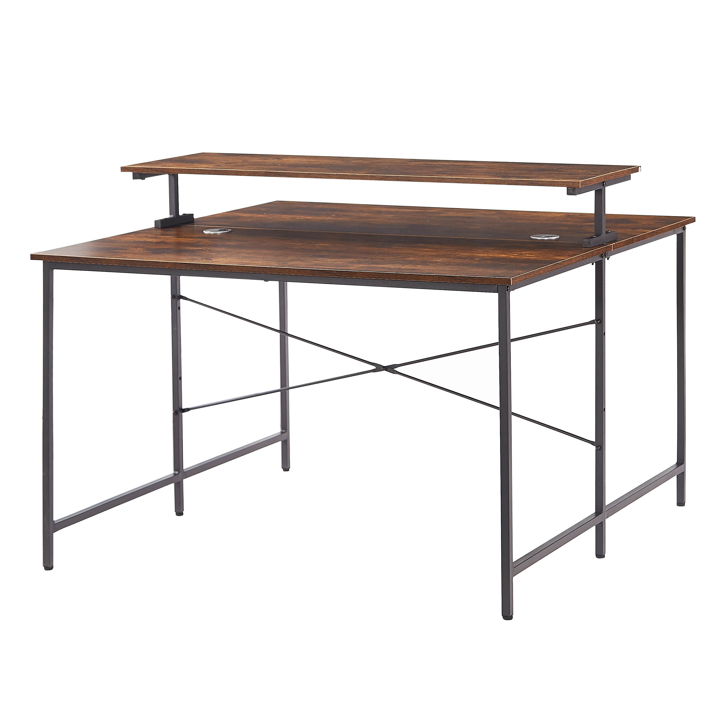 47" Two Person Computer Desk Double Workstation Extra Large Office Desk Gaming Desk with Monitor Shelf Brown