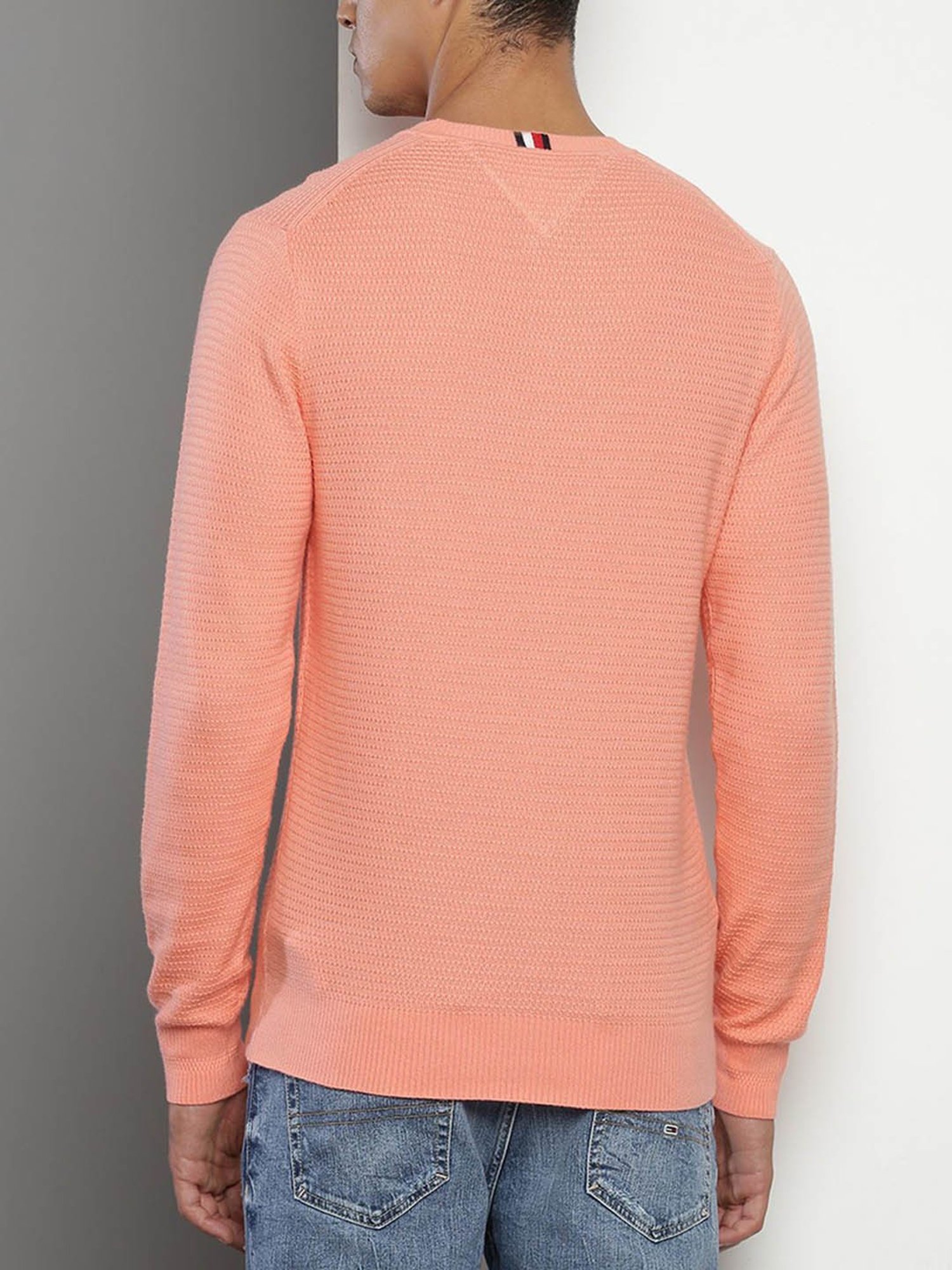 Tommy Hilfiger Peach Cotton Regular Fit Self Pattern Sweater