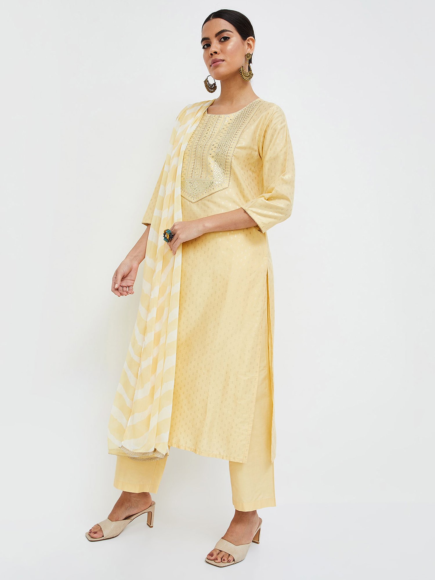 Melange by Lifestyle Light Yellow Embellished Kurta With Pants & Dupatta