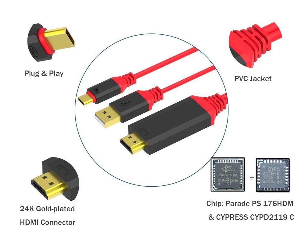 USB C to HDMI Cable 4K 60Hz, USB Type C to HDMI Adapter with Charging Cable Thunderbolt 3 to HDMI to TV/Monitor for Samsung Galaxy S8 S9 Plus Note 8, Macbook Pro 2017, iMac, ChromeBook Pixel LG G5