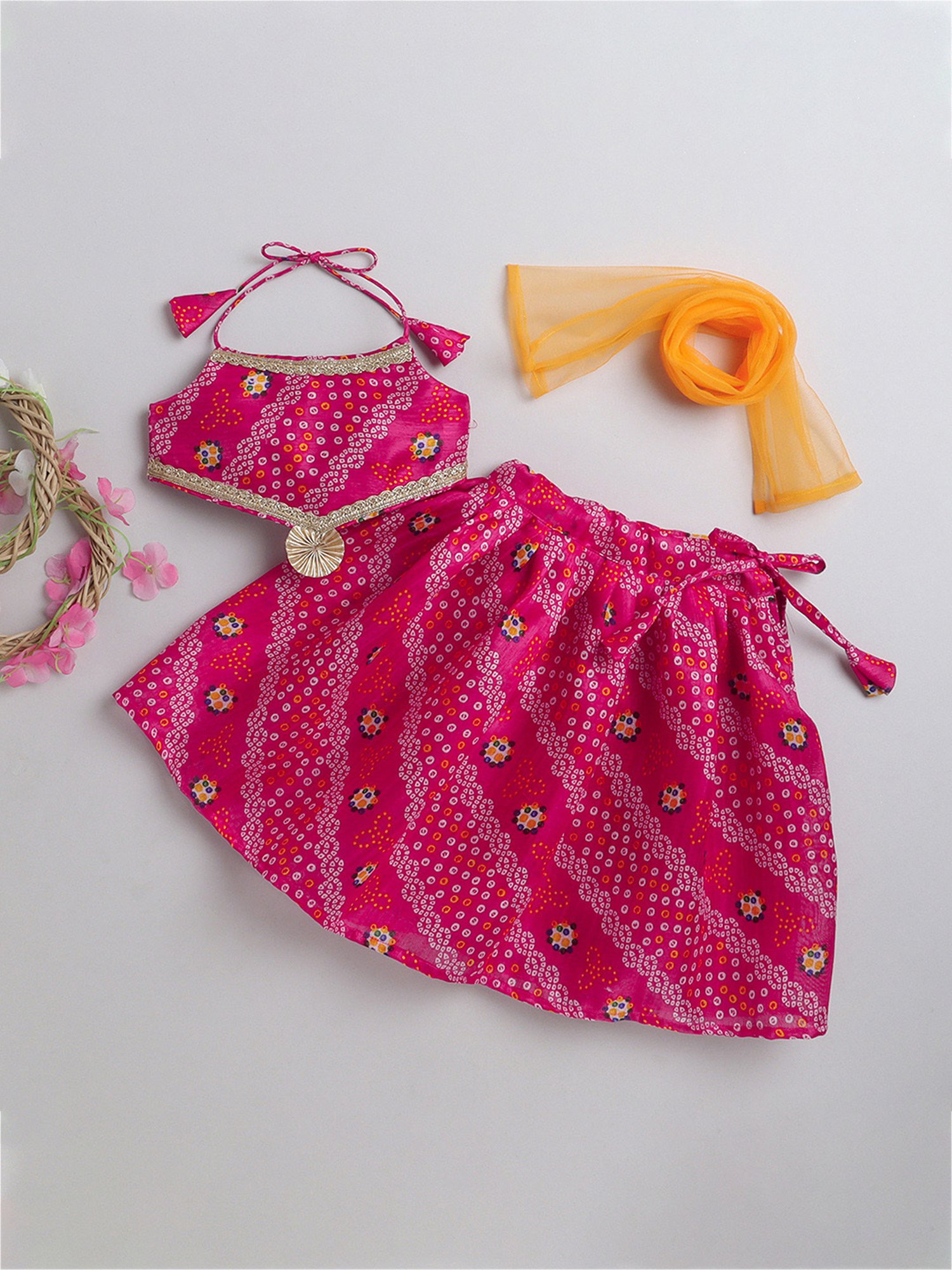 Many Frocks Kids Pink & Orange Printed Lehenga, Choli with Dupatta