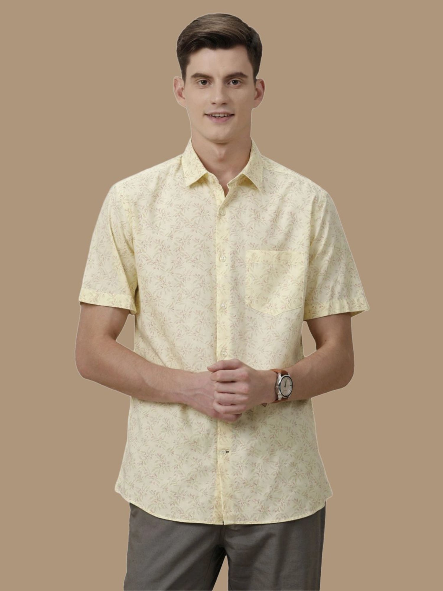 Cavallo By Linen Club Yellow Linen Contemporary Fit Printed Shirt