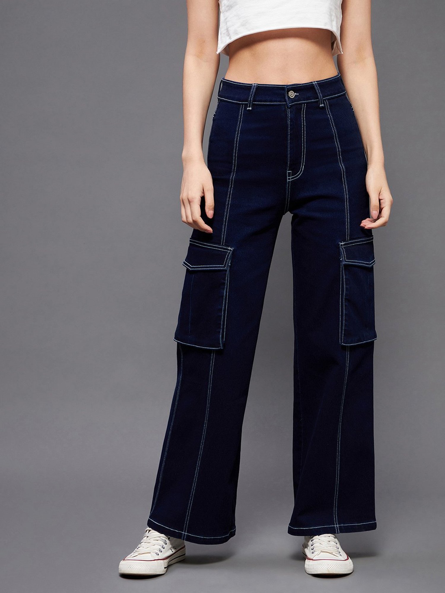 Miss Chase Dark Blue Denim Relaxed Fit High Rise Cargo Jeans