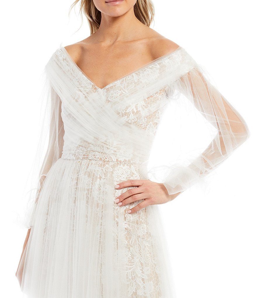 Tadashi Shoji Lace Tulle Layered Off-the-Shoulder Balloon Sleeve Bridal Ball Gown