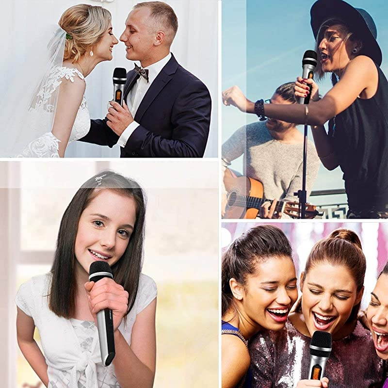 Wireless Microphone System,  DUAL UHF Dynamic Handheld mic for iPhone, Computer, Karaoke, Conference, DJ, Vocal Recording, Singing, Church, On Stage Performance, Party Events (1/4 inch plug)