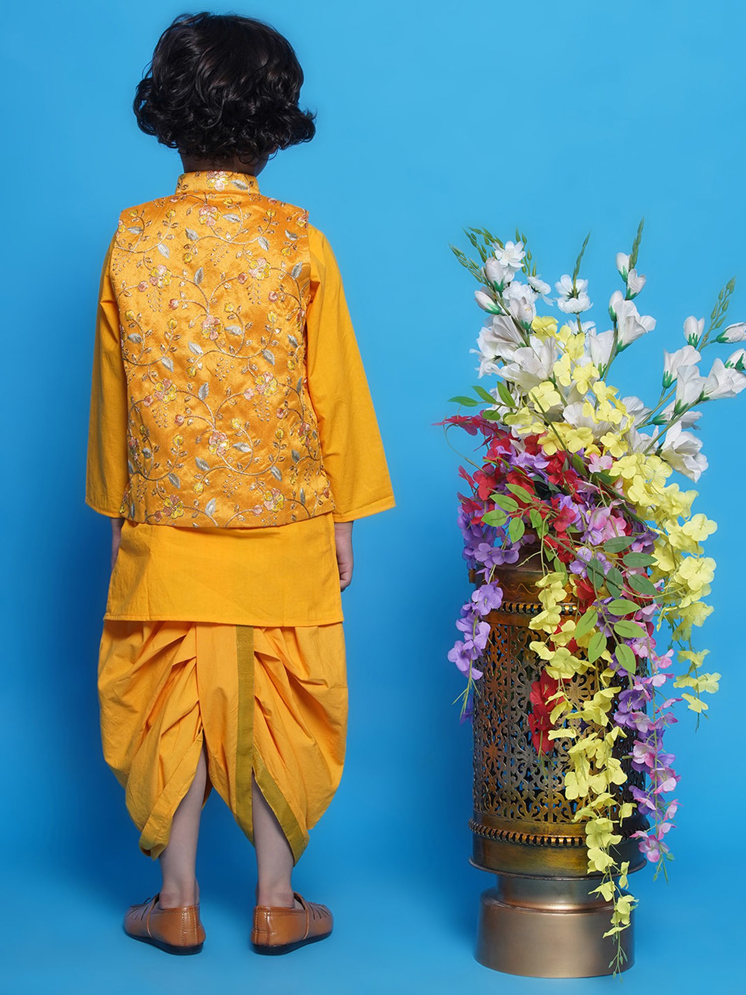 Little Bansi Boys Yellow Embroidered Full Sleeves Kurta, Dhoti with Jacket