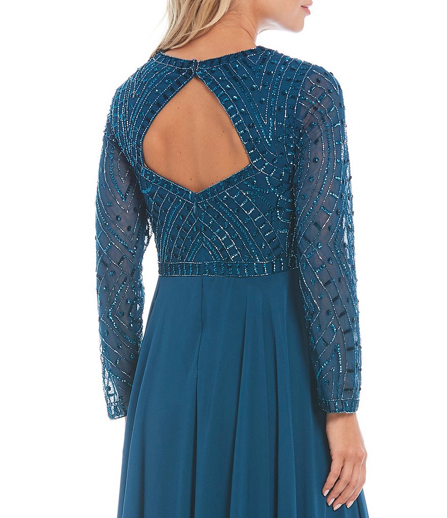 Jkara Beaded Bodice Sweetheart Neck Long Sleeve Chiffon Gown