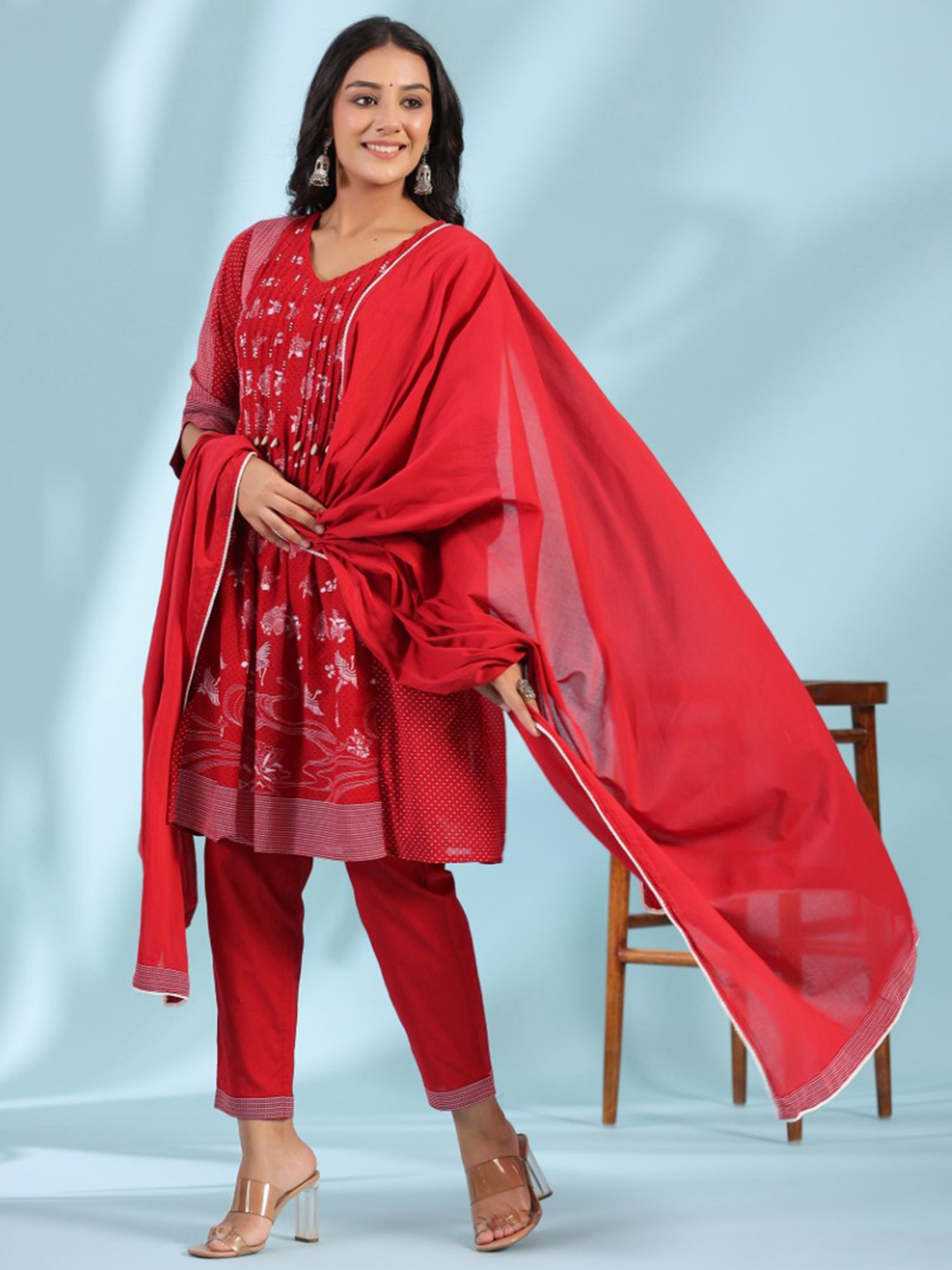 Juniper Red Ethnic Motif Cotton Voile Kurta With Pant & Dupatta With Pintucks At Front & Beadwork