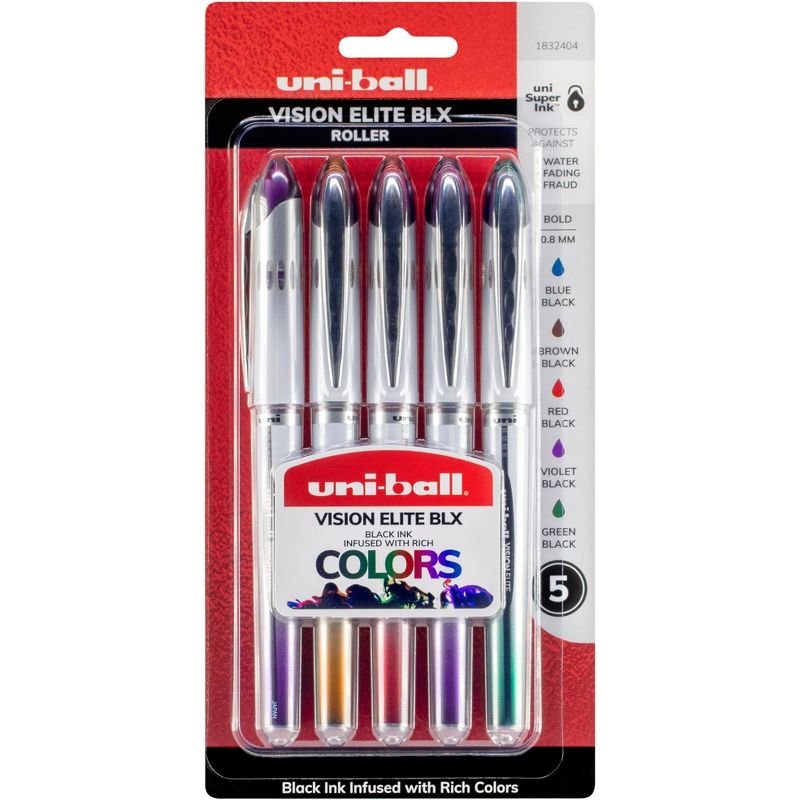 uni-ball Vision Elite Roller Ball Stick Pen, 0.8 mm Bold, Assorted Colors, pk of 5