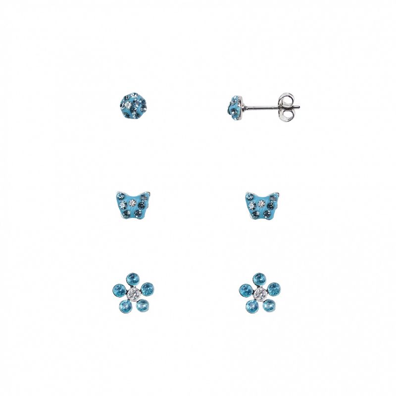 FAO Schwarz Blue Stone Stud, Flower and Butterfly Trio Earring Set