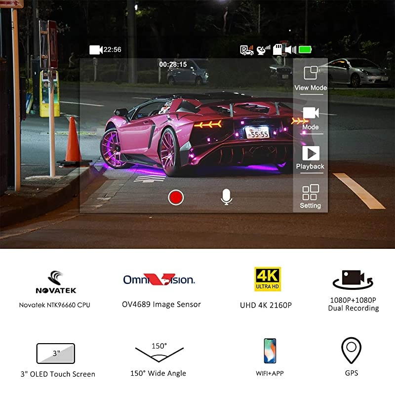 Dual Dash Cam 4K Front and Rear Car Camera 1080P+1080P, 3" OLED Touch Screen WiFi GPS Night Mode 150&deg;, Parking Mode, Time Lapse, WDR, G-Sensor, Loop Recording for Cars, Trucks