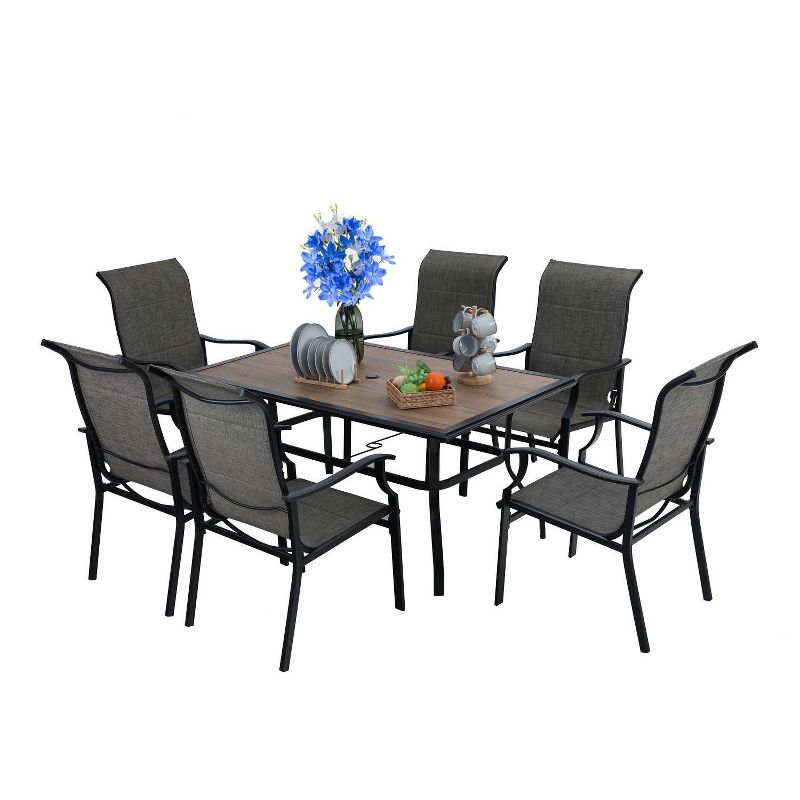 7pc Patio Dining Set with Faux Wood/Steel Table with Umbrella Hole & Sling Arm Chairs - Captiva Designs